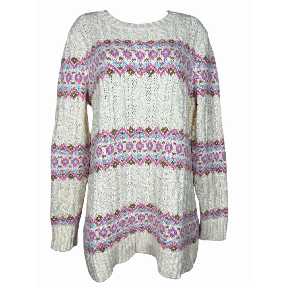 Lands' End Cozy Lofty Jacquard Cable‎ Tunic Sweater M Cream Fair Isle Ski Nordic